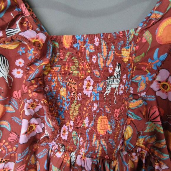 Maeve Anthropologie Top Womens XL Brown Floral Animal Print Tie Front Smocking - Picture 6 of 7